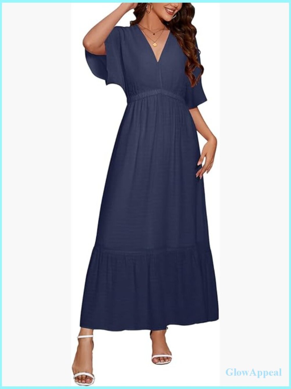 Maternity Maxi Dress V-Neck Short Sleeve Boho Flowy Tiered Summer